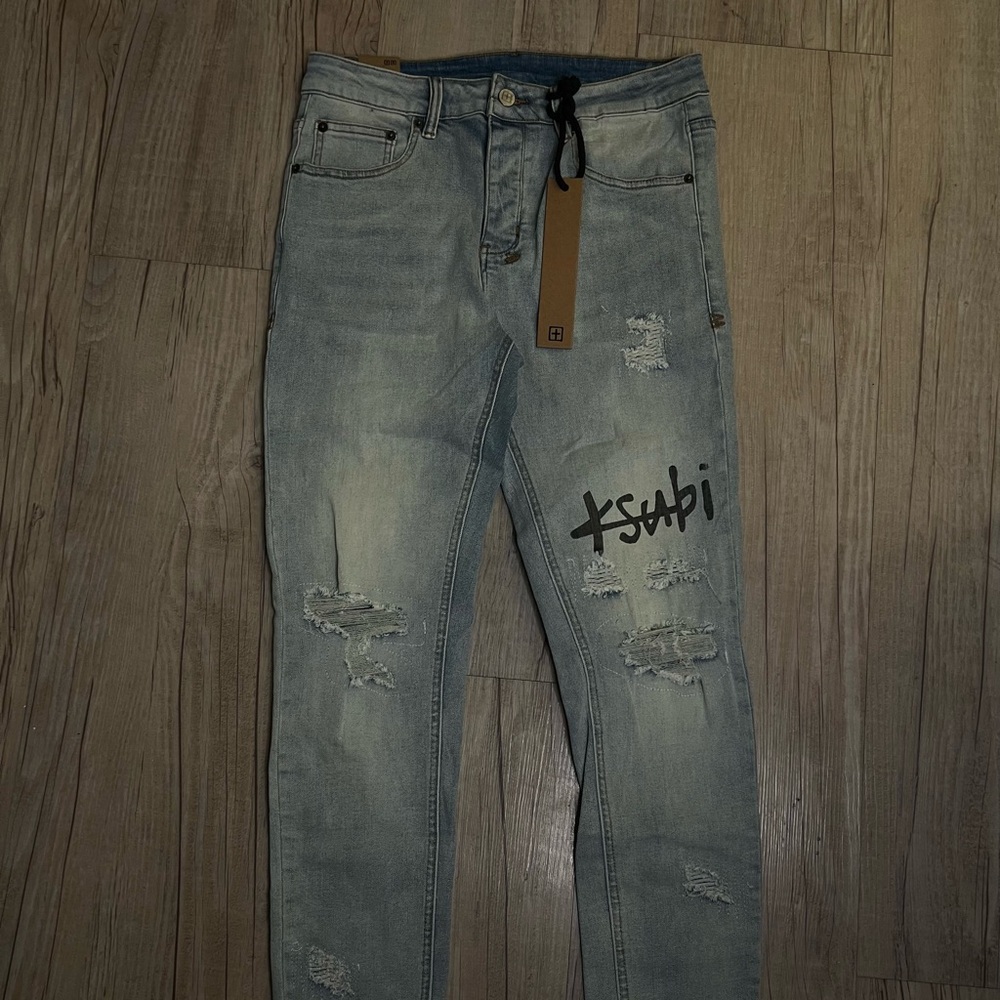 Ksubi Light Blue Distressed Skinny Jeans with Black Logo